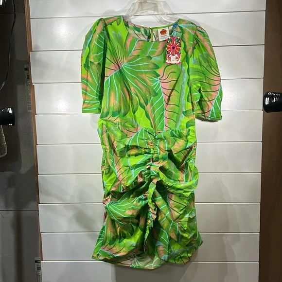 FARM Rio x Anthropologie Puff Sleeve Mini Dress Lime Green Palm Tropical NEW XL - Picture 8 of 13